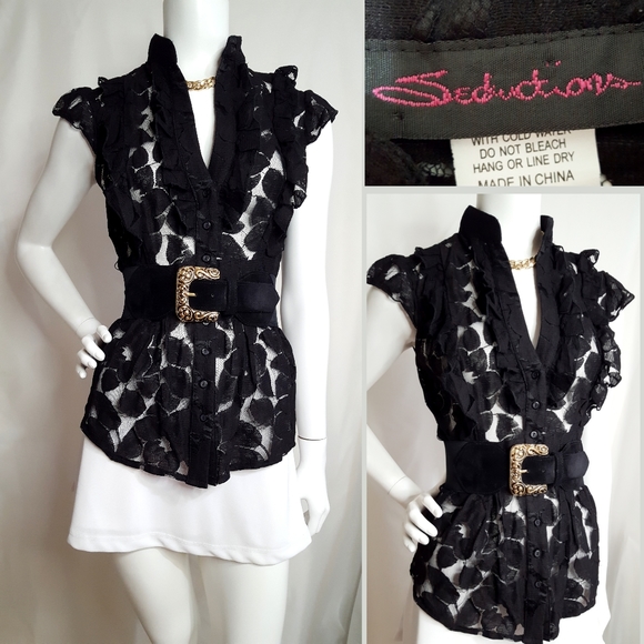 Seductions Tops - 90's-Y2K💋Seductions🖤Black Floral Sheer  Ruffle Frill Peplum Top